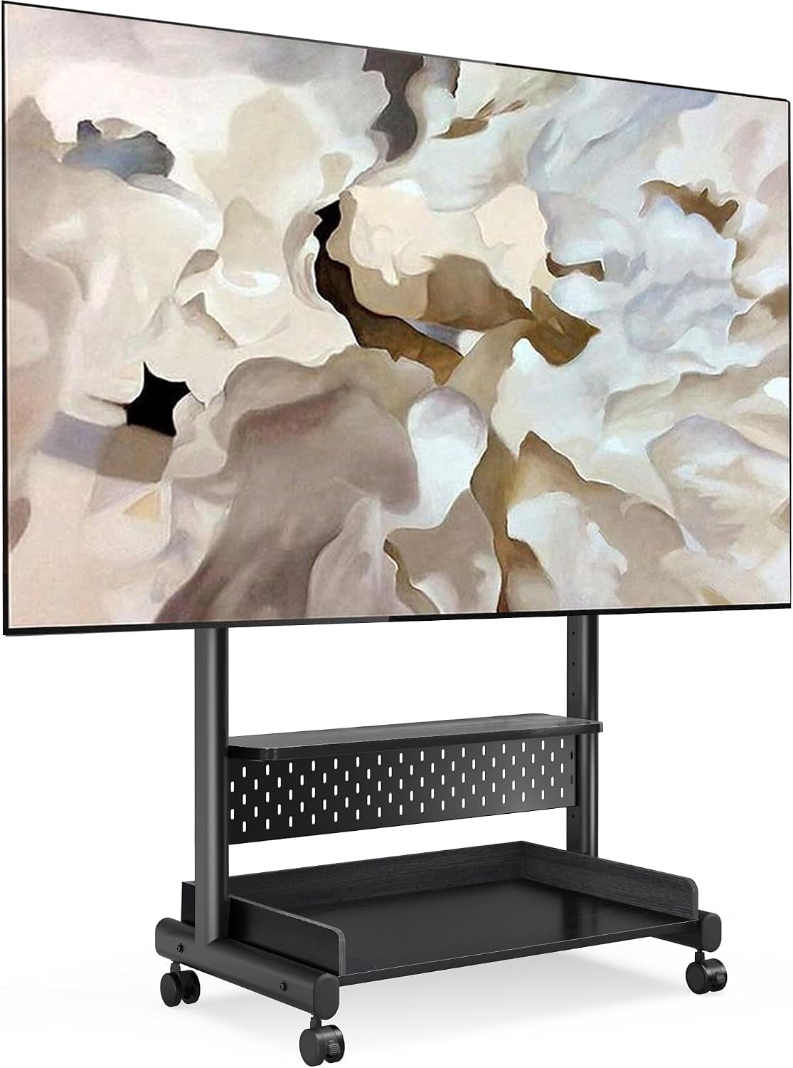 FITUEYES Rolling TV Stand for 40–85 Inch TVs, Black, Wood Shelf & Pegboard
