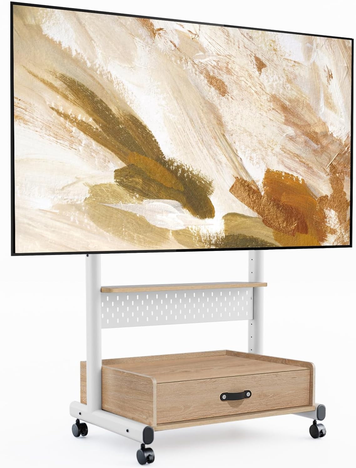 FITUEYES Rolling TV Stand for 40–85 Inch TVs, White, Drawers & Pegboard, Storage Shelf