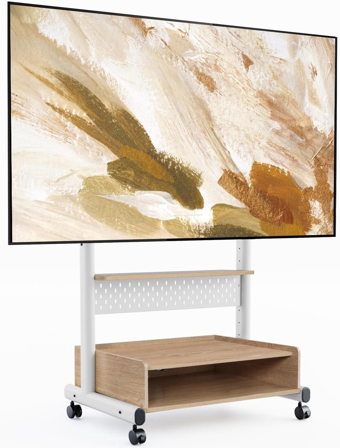 FITUEYES Rolling TV Stand for 40–85 Inch TVs, White, Storage & Pegboard
