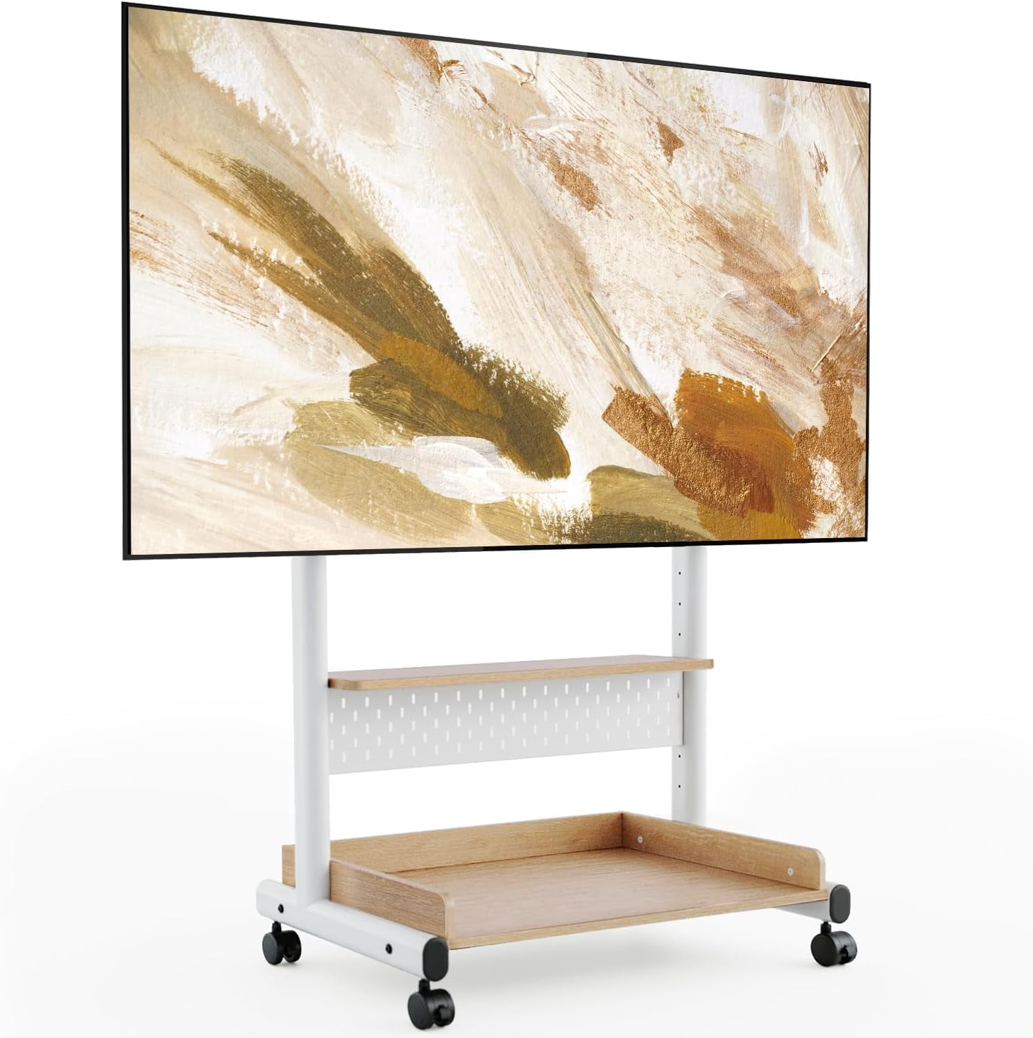 FITUEYES Rolling TV Stand for 40–85 Inch TVs, White, Wood Shelf & Pegboard