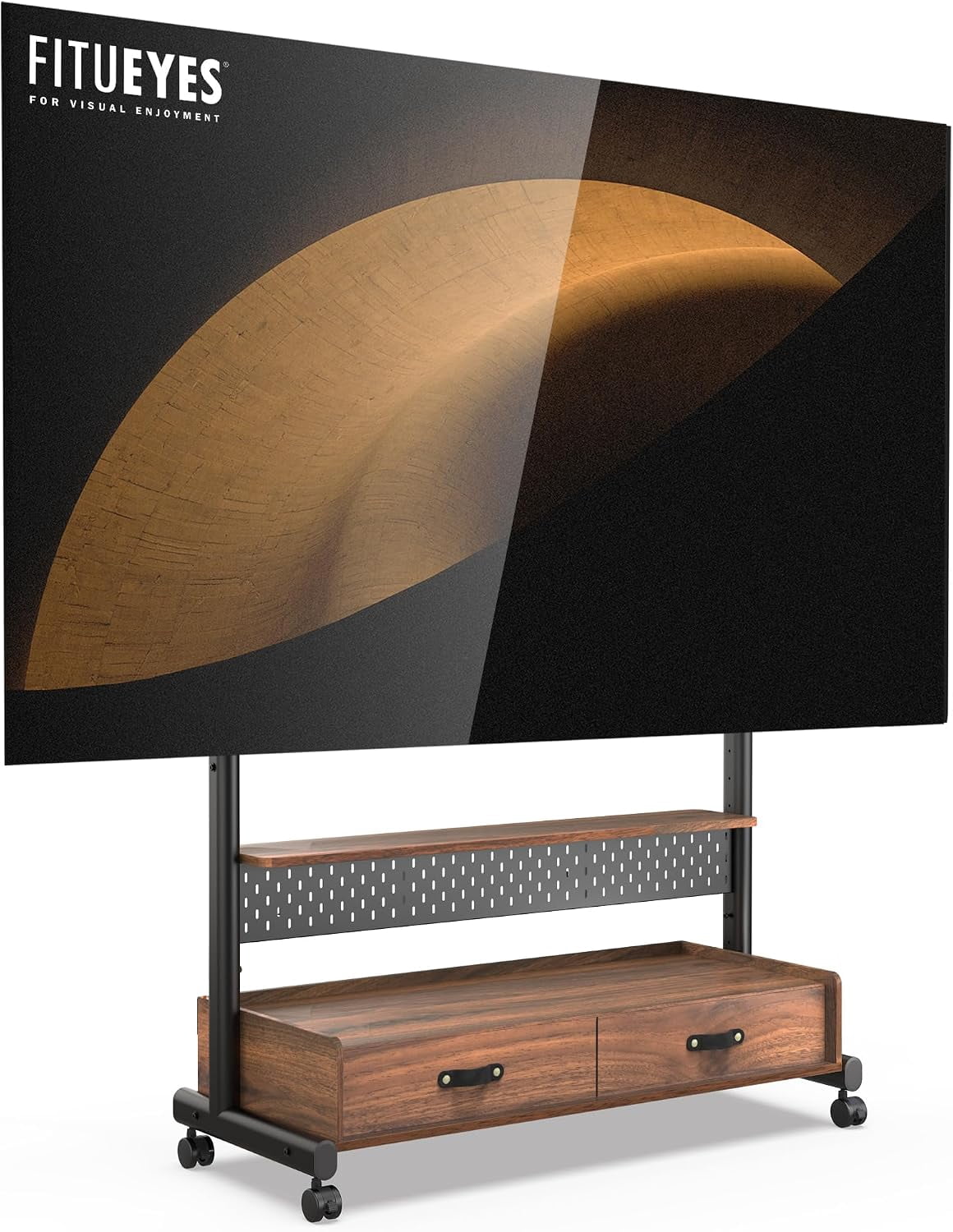 FITUEYES Rolling TV Stand for 70–100 Inch TVs, Black & Walnut, Drawers & Pegboard