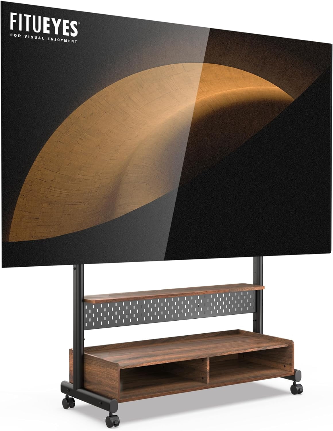 FITUEYES Rolling TV Stand for 70–100 Inch TVs, Black & Walnut, Wood Shelf & Pegboard