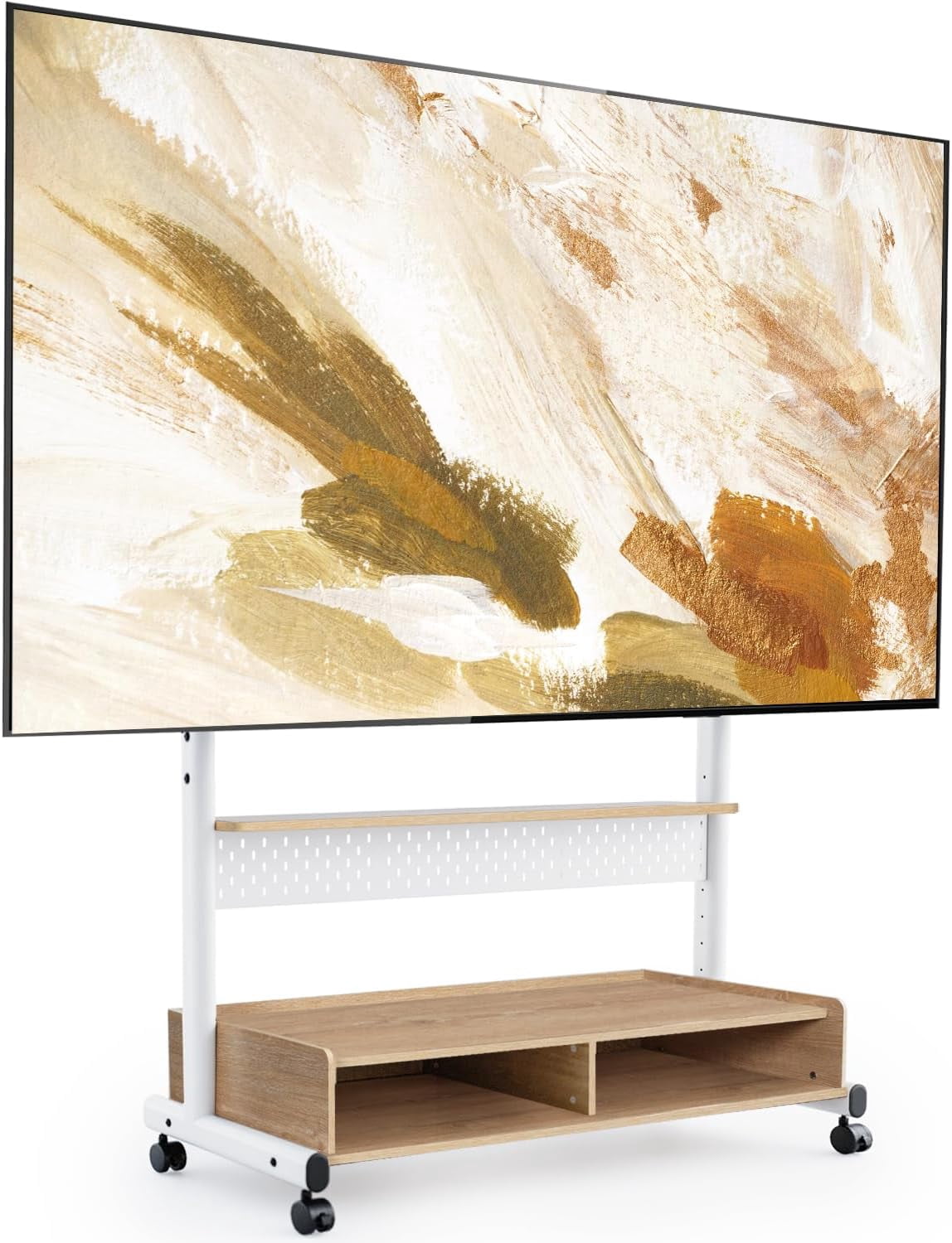 FITUEYES Rolling TV Stand for 70–100 Inch TVs, White & Light Wood, Wood Shelf & Pegboard
