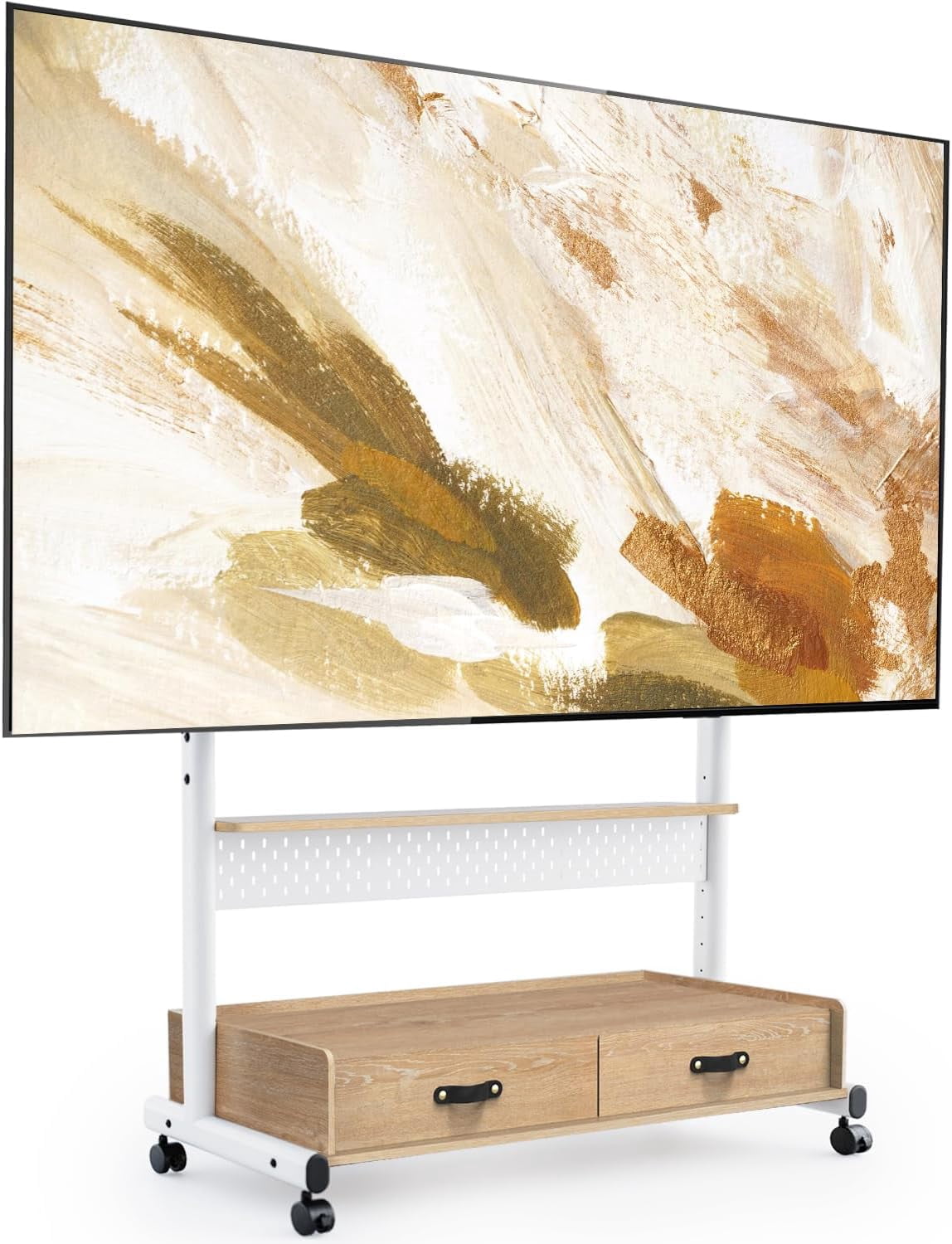 FITUEYES Rolling TV Stand for 70–100 Inch TVs, White, Wood Shelf & Pegboard