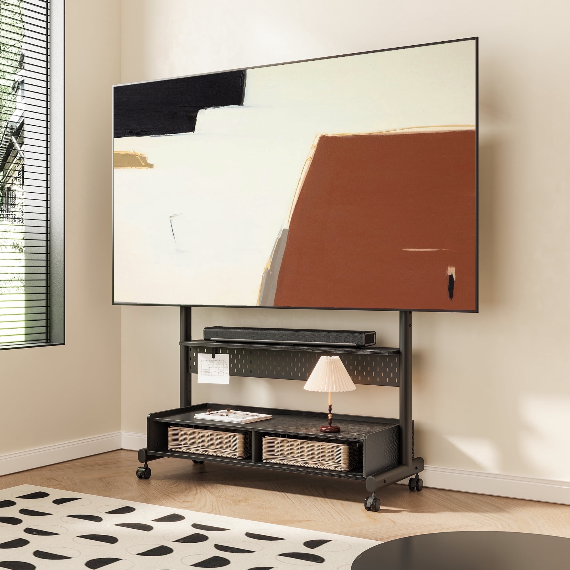 FITUEYES Rolling TV Stand with Wheels for 70-100 inch TVs,with Two Wooden Large Storage,Black