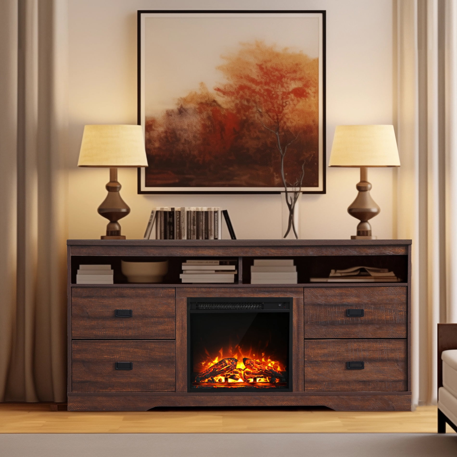 FITUEYES Rustic Gray Electric Fireplace TV Stand for TVs Up to 65" Entertainment Center with Storage