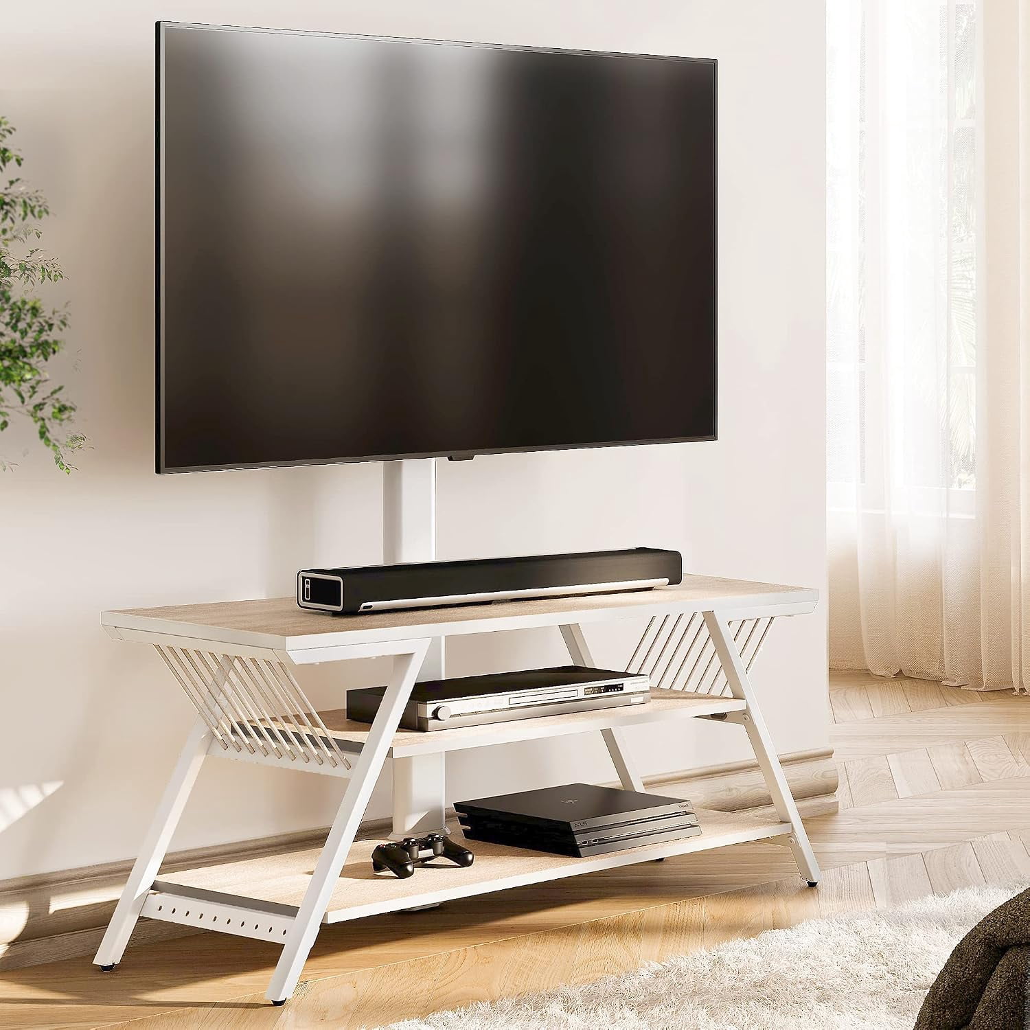 FITUEYES TV Stand with Mount for 32–65 Inch TVs, White, Swivel Mount, Height Adjustable