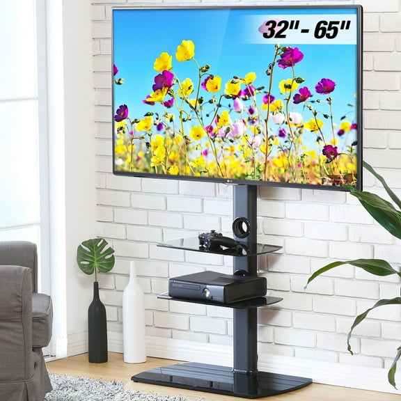 FITUEYES TV Stand with Swivel Mount and Glass Shelves for TVs up to 65", Black