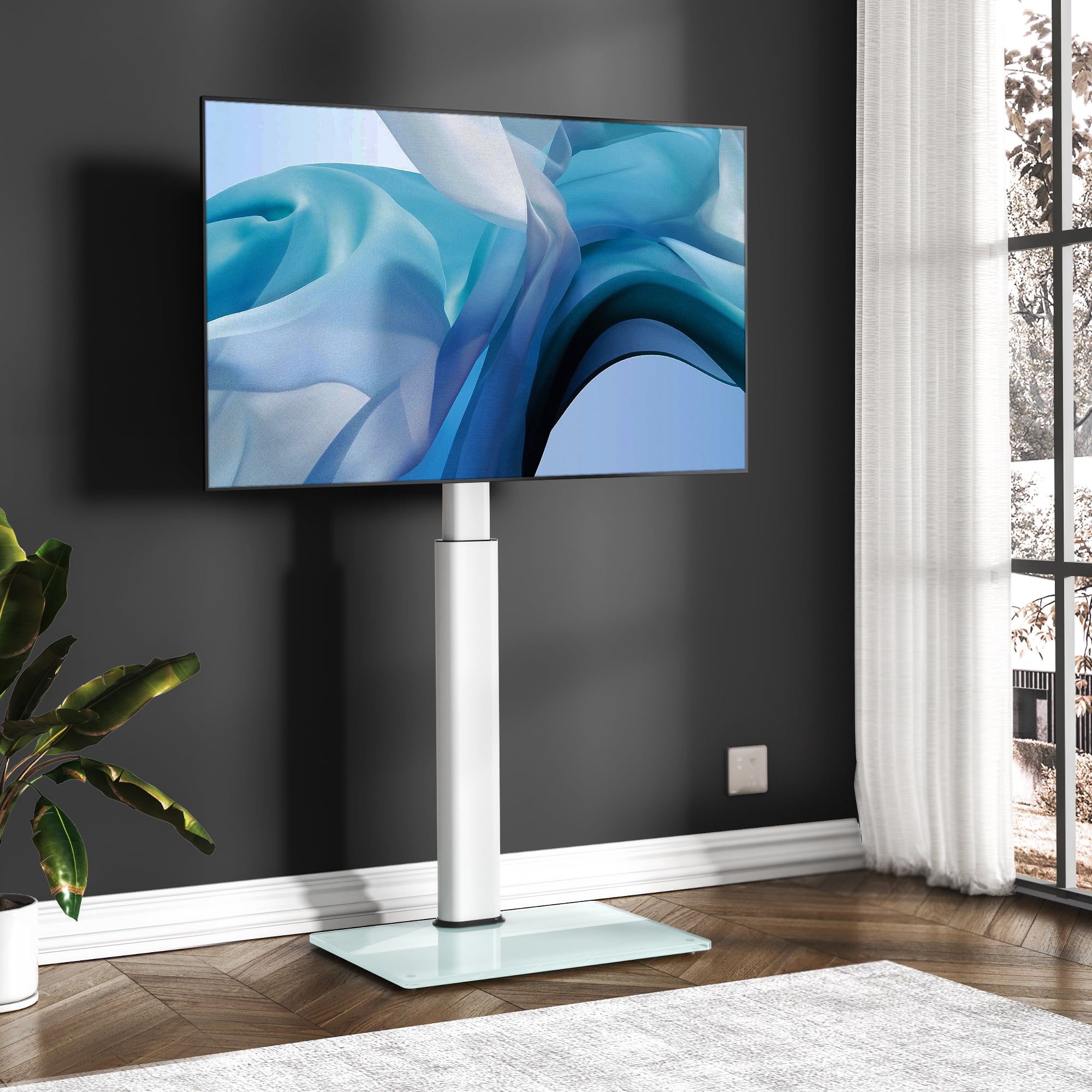 FITUEYES TV Stand with Wheels and Wooden Base for TVs up to 60", White