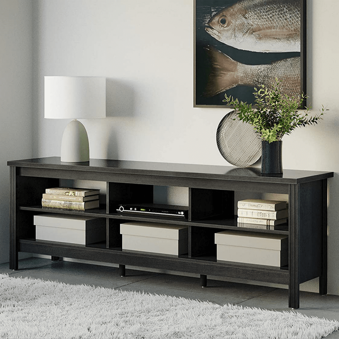 FITUEYES Television Stand with Shelves, Fiberboard Black, 70.00 x 15.50 x 23.60 Inches