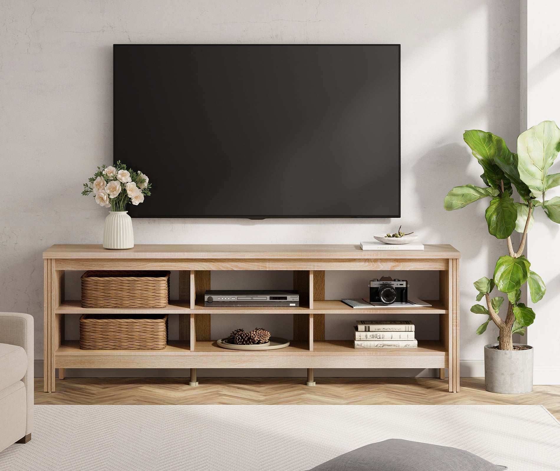 FITUEYES Television Stands, Oak Wood, 70" x 15.5" x 23.6"