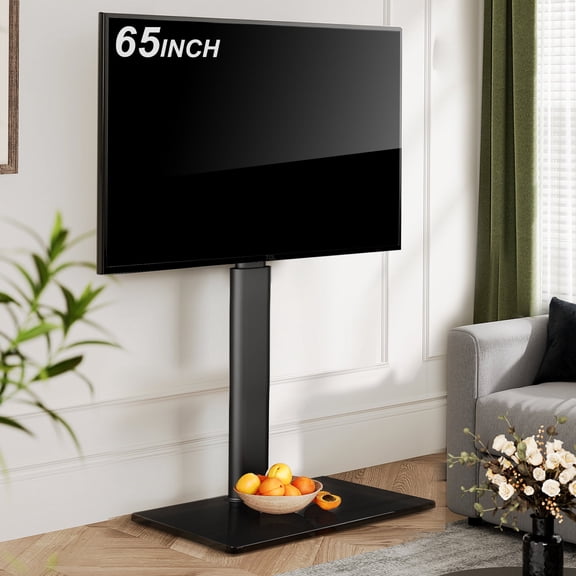 FITUEYES Floor TV Stand with Tempered Glass Base for 32-65 inch Screens, Height Adjustable Swivel Mount, Black