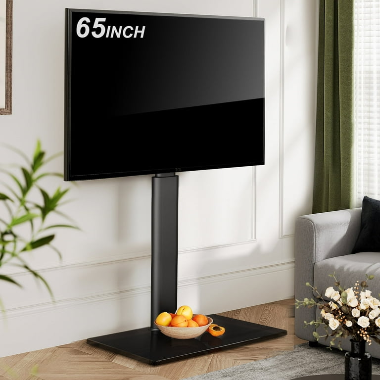 FITUEYES Tempered Glass Base Floor TV Stand 32 65 inch Height Adjustable Swivel TV Stand with Mount Black Size 21.7 x 15 x 48