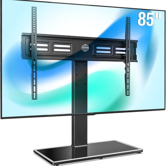 FITUEYES Universal Metal Tabletop TV Stand with Tempered Glass Shelf for 50-85 Inch TVs, Supports up to 143 lbs