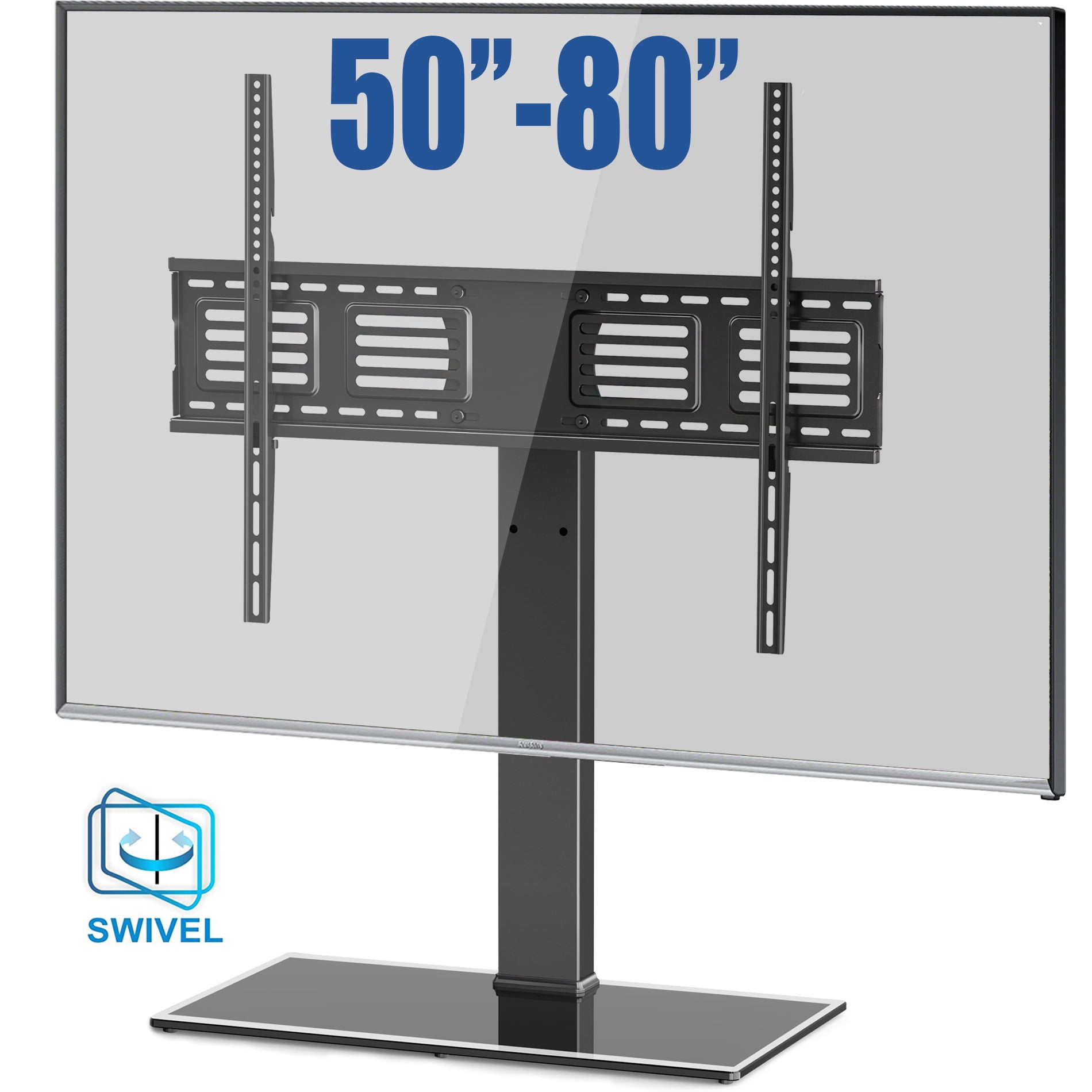 FITUEYES Universal TV Stand/Base Swivel Tabletop TV Stand with Mount for 50 to 80 inch Flat Screen TV 100 Degree Swivel, 4 Level Height Adjustable,Tempered Glass Base,Holds up to 143 lbs Screens