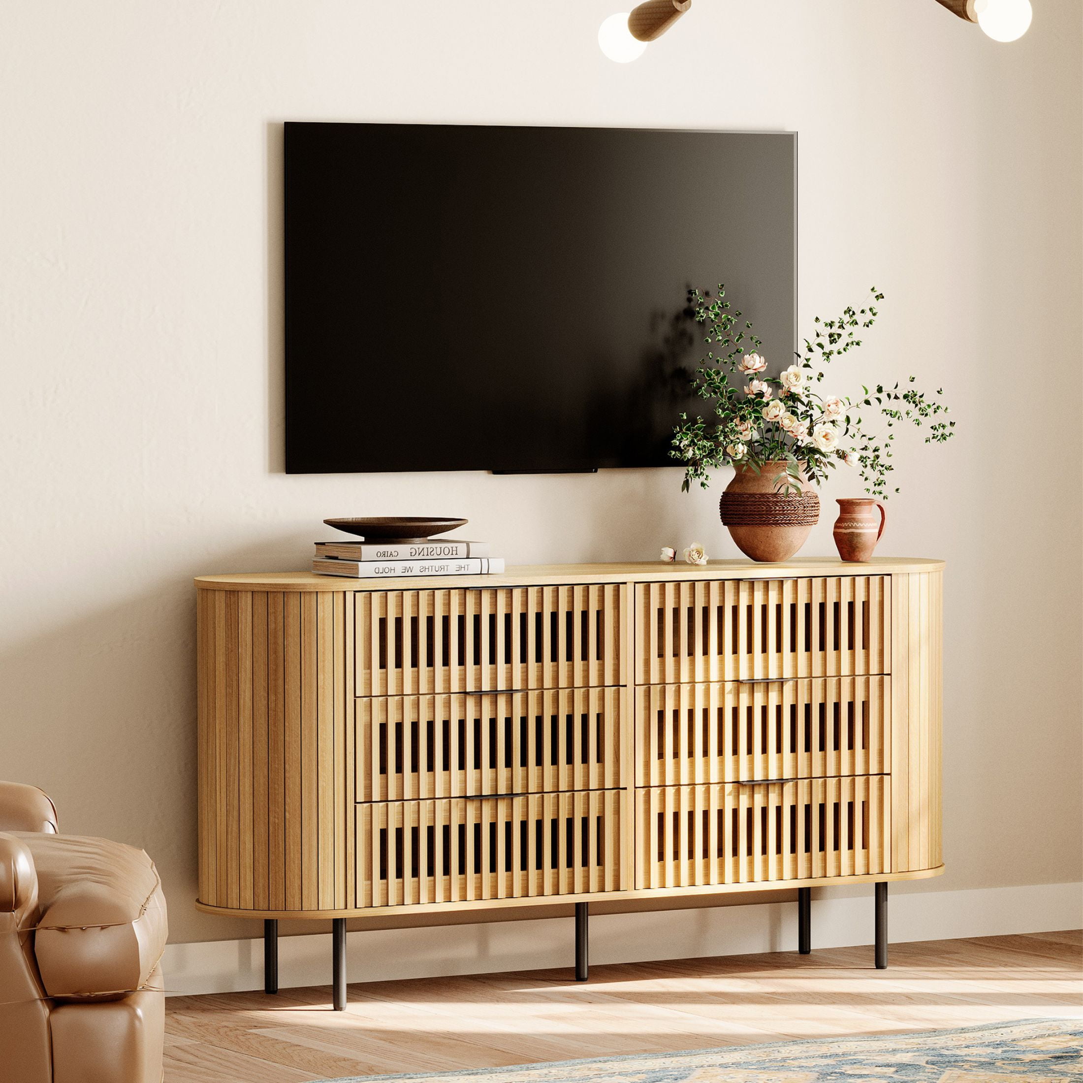 FITUEYES Wide 6-Drawer Dresser, Mid-Century Modern TV Stand with Storage for 70'' TV, Wood Chest of Drawers for Bedroom, Living Room, Oak