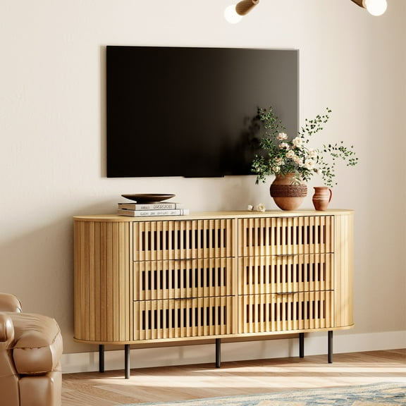 FITUEYES Wide 6-Drawer Dresser, Mid-Century Modern TV Stand with Storage for 70'' TV, Wood Chest of Drawers for Bedroom, Living Room, Oak