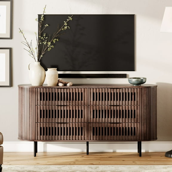 FITUEYES Wide 6-Drawer Dresser, TV Entertainment Center with Storage for 70'' TV, Wood Chest of Drawers for Bedroom, Living Room, Walnut