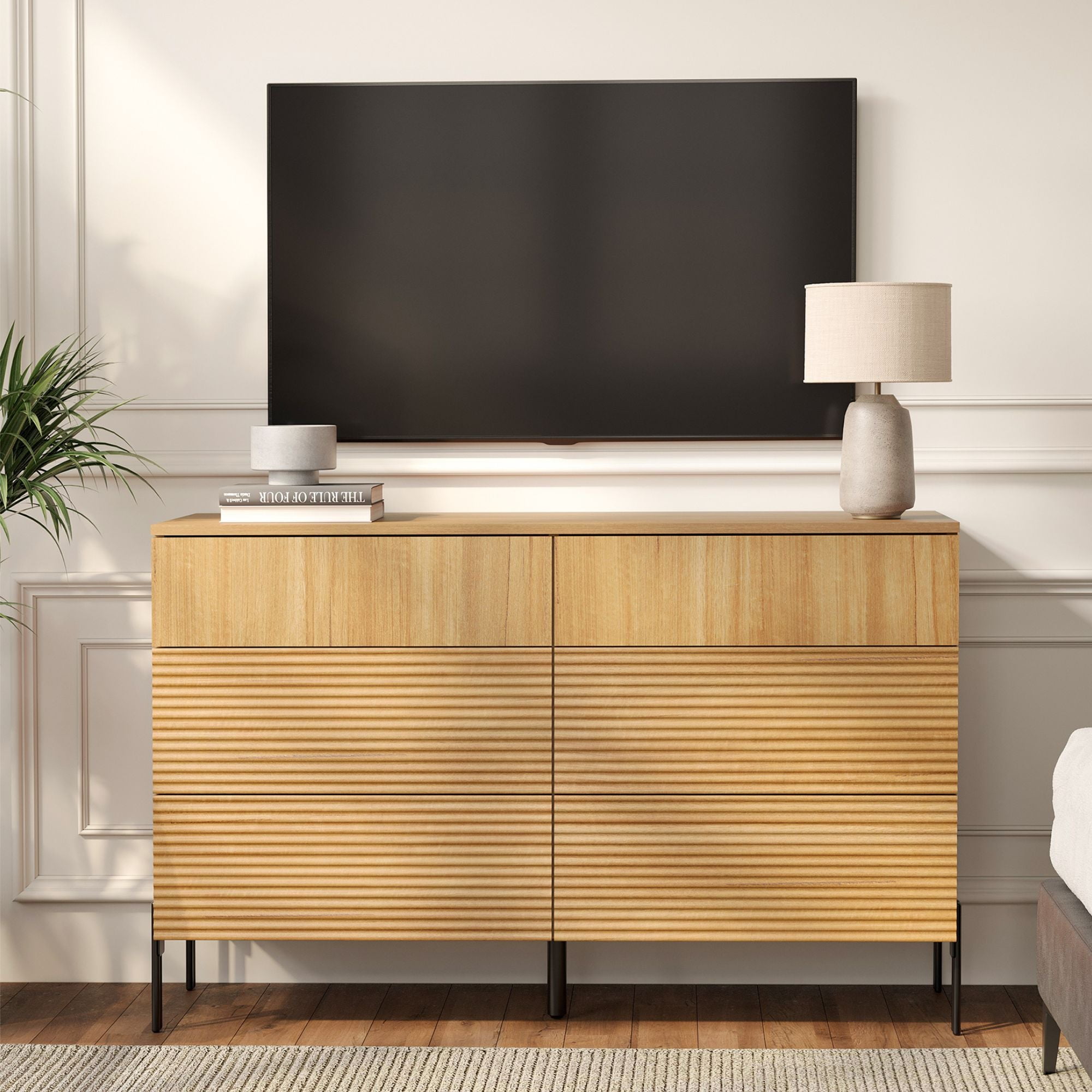 FITUEYES Wood Dresser with 6 Drawers, TV Entertainment Center with Storage for 55" TV, Wide Chest of Drawers for Bedroom, Living Room, Entryway, Oak