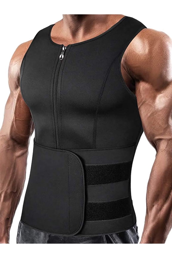 Men Neoprene Sauna Suit Zipper Waist Trainer Vest Tank Top Trimmer Body Shaper with Adjustable Single Belt