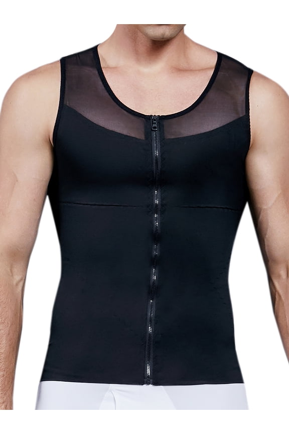 Mens Slimming Body Shaper with Zipper Compression Shirt Shapewear Waist Trainer Corset Abs Tank Top Gym