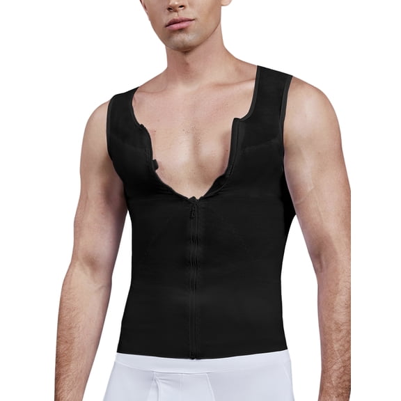 FITVALEN Mens Slimming Body Shaper with Zipper Compression Shirt Shapewear Waist Trainer Corset Abs Tank Top Gym