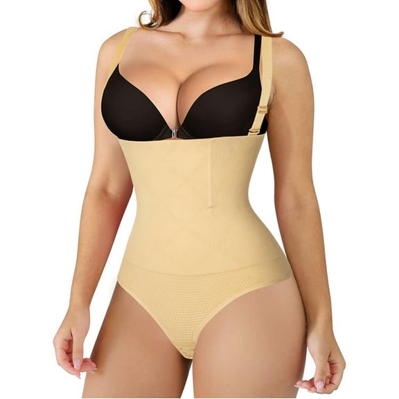 FITVALEN Women Thong Bodysuit Shapewear Tummy Control Panty Faja Open Bust Body Shaper