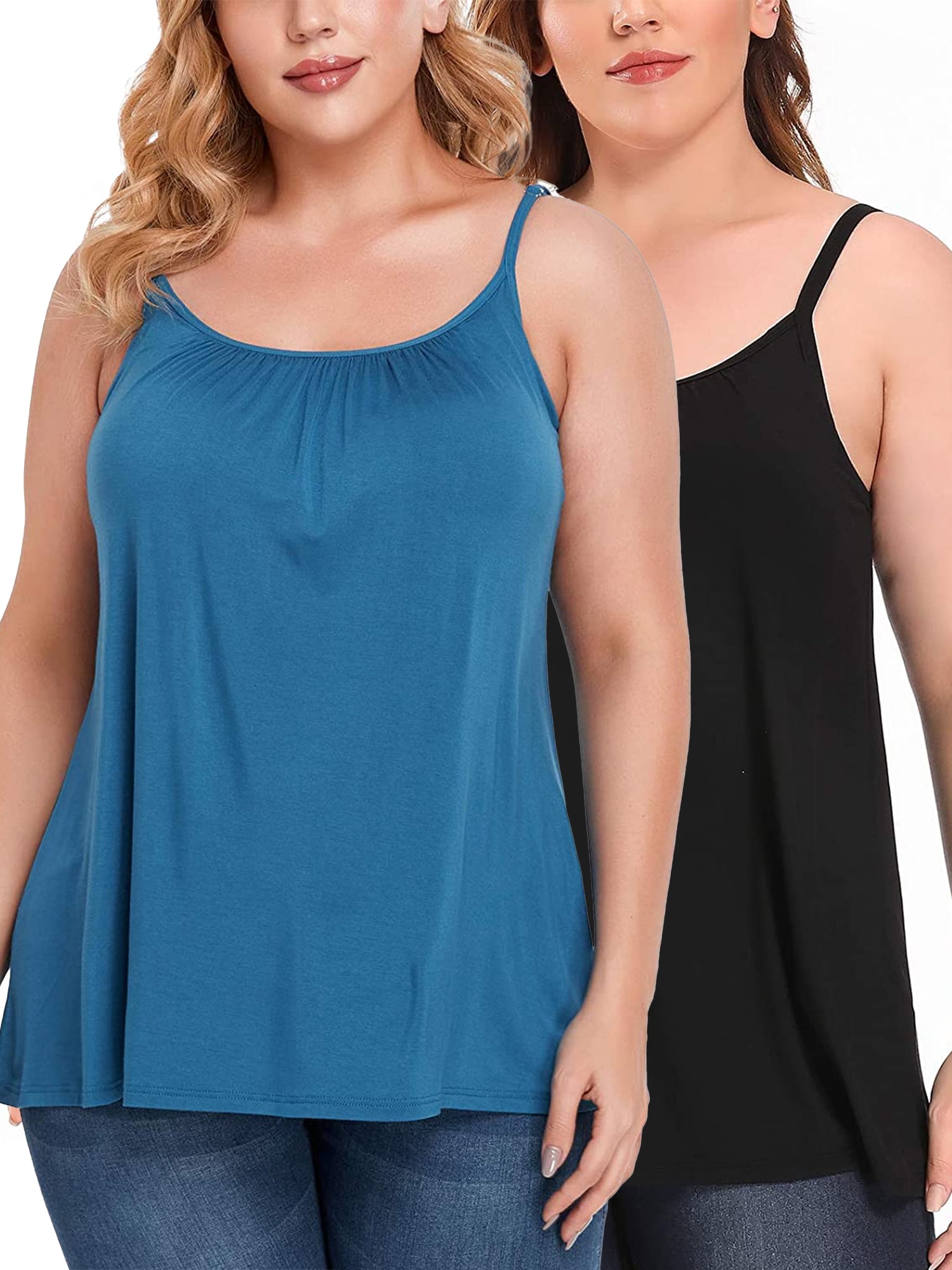 FITVALEN Women's Camisole with Built in Bra Plus Size Casual Loose Tank Tops  Sleeveless Shirts Adjustable Straps (S-4XL） 