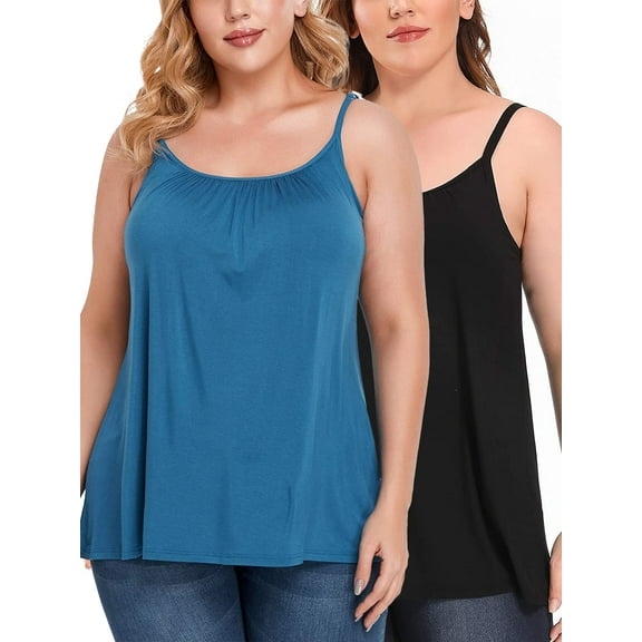 FITVALEN Women's Camisole with Built in Bra Plus Size Casual Loose Tank Tops Sleeveless Shirts Adjustable Straps (S-4XL）