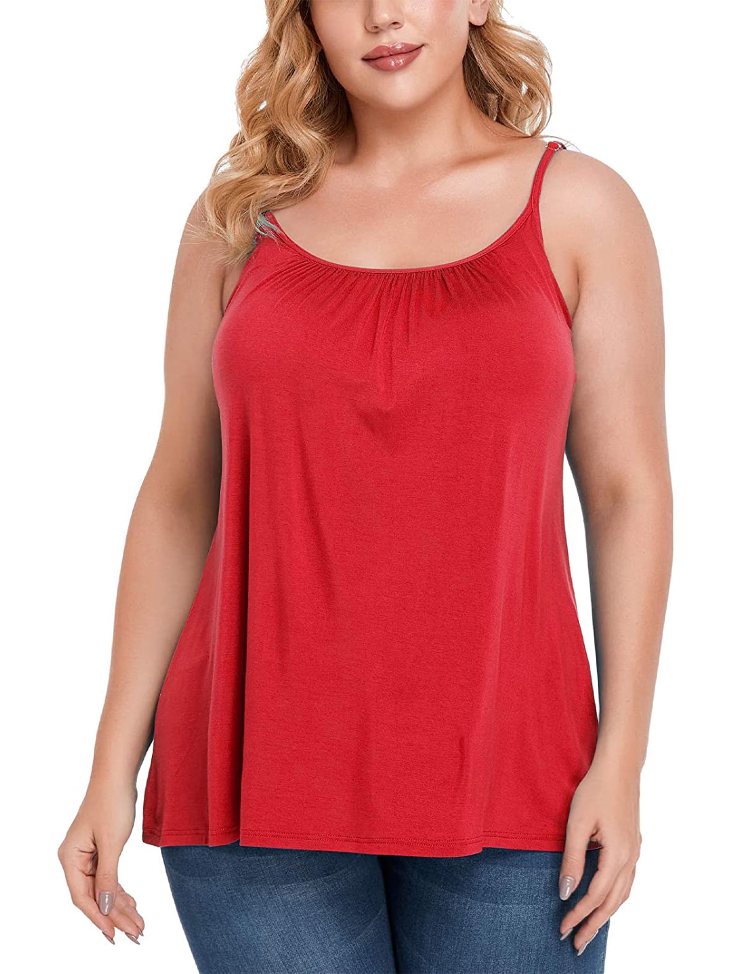 FITVALEN Women's Plus Size Camisole with Built in Bra Casual Loose Tank  Tops Sleeveless Crew Neck Shirts Flowy Cami with Adjustable Straps (S-4XL）