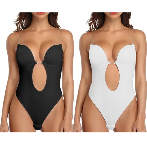 FITVALEN Women's Deep V Backless U Plunge Bodysuit Adjustable Straps Thong Full Body Shapewear Underwear