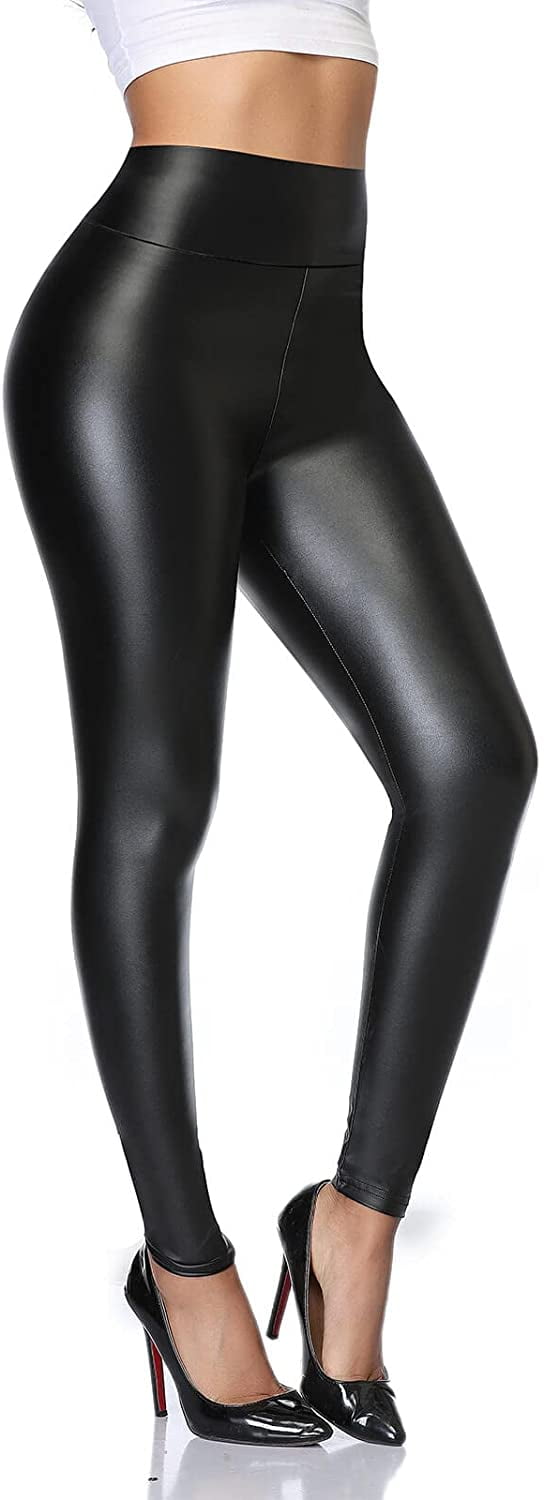 FITVALEN Women's Sexy Black Faux Leather Leggings Stretchy PU Pants Black  High Waisted Tights