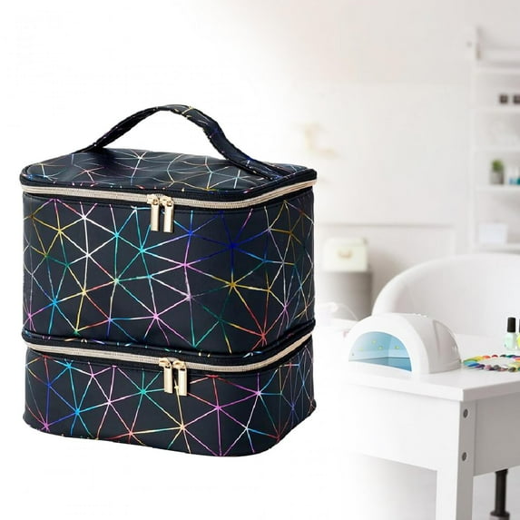 FITYLE Double Layer Carrying Case PU Storage Bag Nail Art Supplies Travel Nail Polish Organizer Case Zipper Pocket for Essential Oil Black