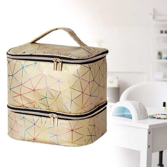 FITYLE Double Layer Carrying Case PU Storage Bag Nail Art Supplies Travel Nail Polish Organizer Case Zipper Pocket for Essential Oil Golden