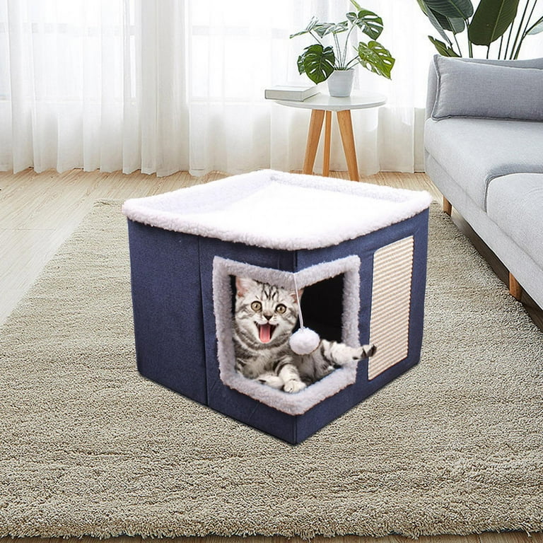 FITYLE Foldable Kitty Cave Bed Cat Hideaway and Scratch Pad with Ball Cat Bed Large Kitty Cave for Cats Kitty Outdoor Pets Kittens Navy Walmart