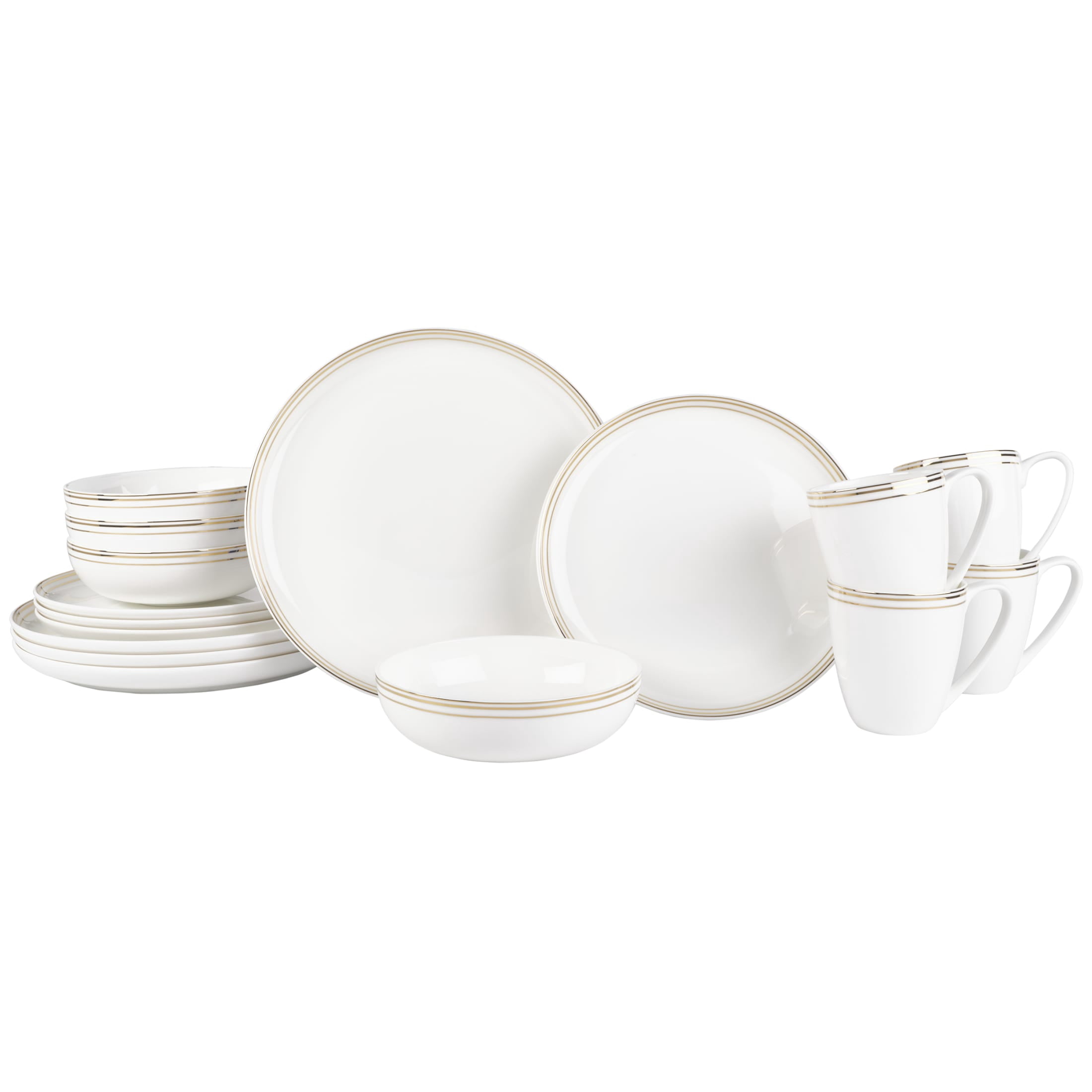 Fitz and Floyd Nevaeh Coupe Gold Bands 16-Piece White Bone China Tableware Set (service for 4)