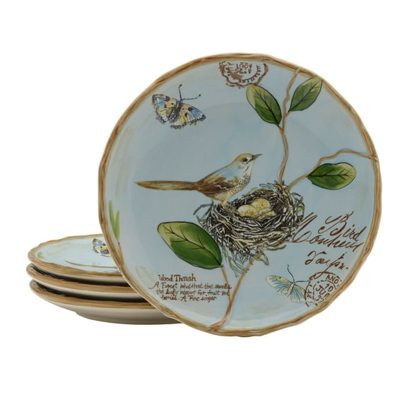 Fitz and Floyd Toulouse Bird Blue 9" Round Stoneware Party Plate (4 Count)