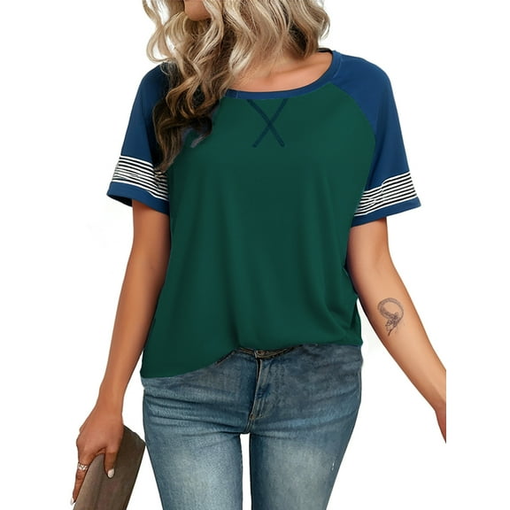 FIUFY Summer Short Sleeve Tops for Woman Color Block Casual Striped Crew Neck Tunic Tops Green