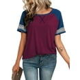 thumbnail image 1 of FIUFY Summer Short Sleeve Tops for Woman Color Block Casual Striped Crew Neck Tunic Tops Purple Red, 1 of 5