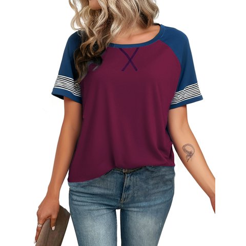 Summer Short Sleeve Tops for Woman Color Block Casual Striped Crew Neck Tunic Tops Purple Red