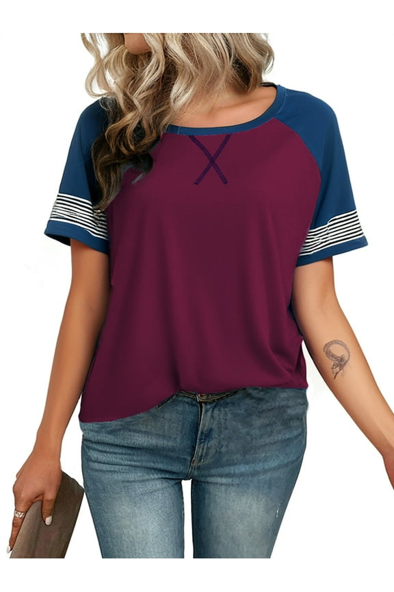 Summer Short Sleeve Tops for Woman Color Block Casual Striped Crew Neck Tunic Tops Purple Red