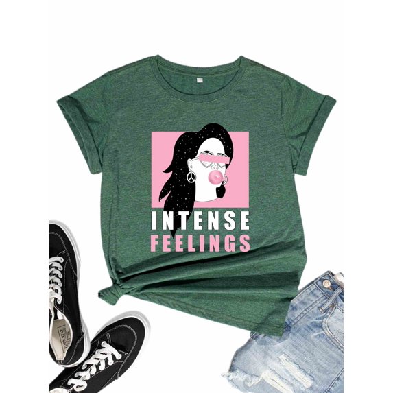 FIUFY Women INTENSE FEELING Short Sleeve Graphic T-Shirts Summer Casual Tee Tops