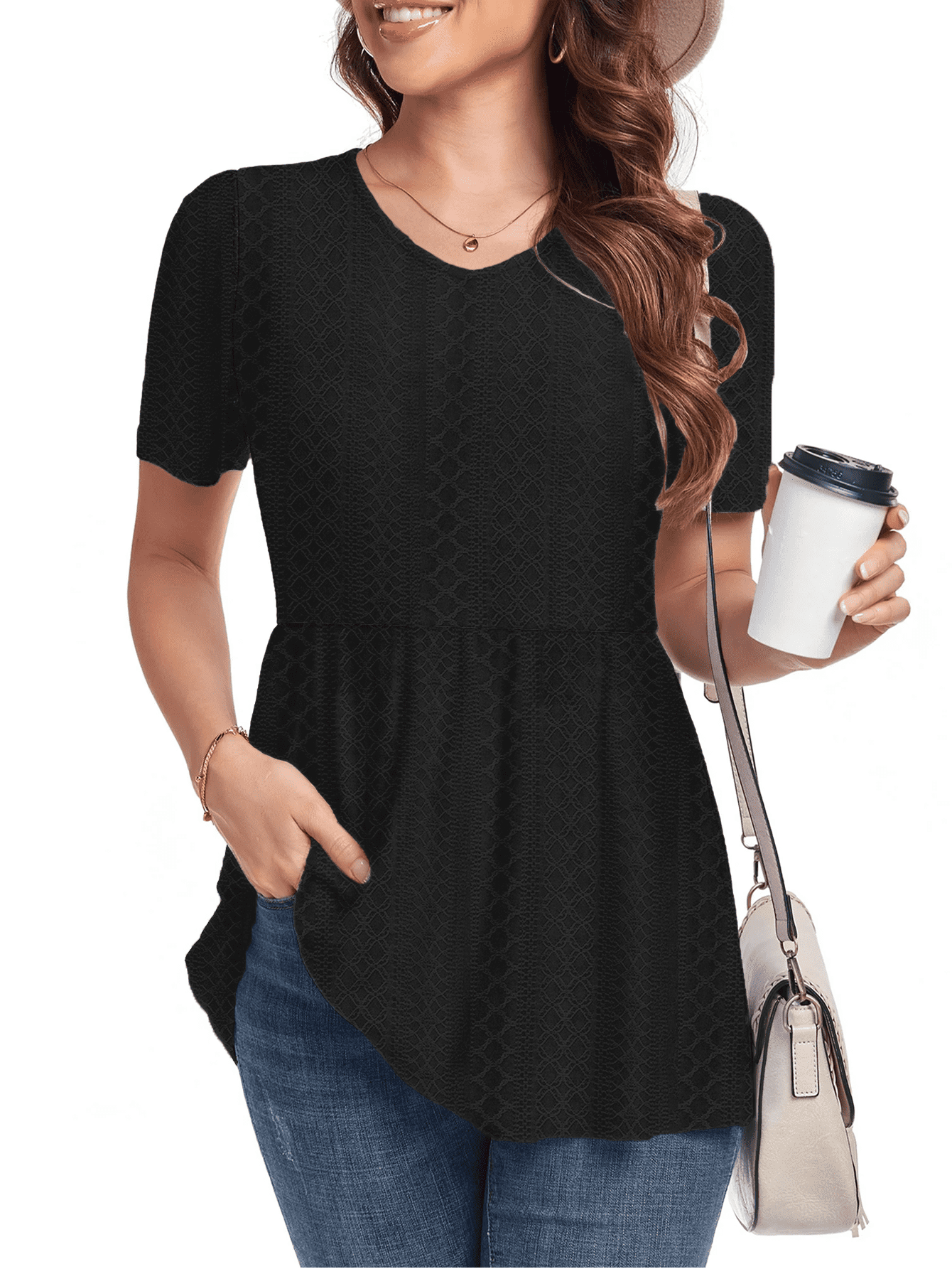 FIUFY Women Peplum Tops Casual V Neck Short Sleeve Tunic Shirts Summer ...