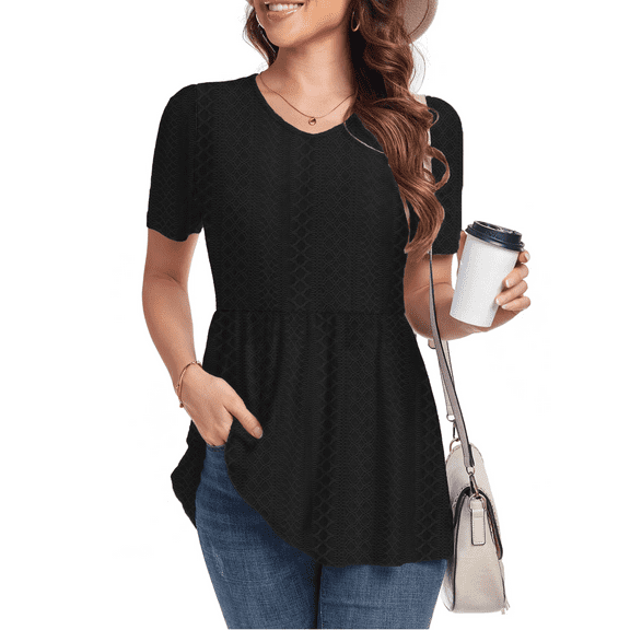 FIUFY Women Peplum Tops Casual V Neck Short Sleeve Tunic Shirts Summer Babydoll Blouses