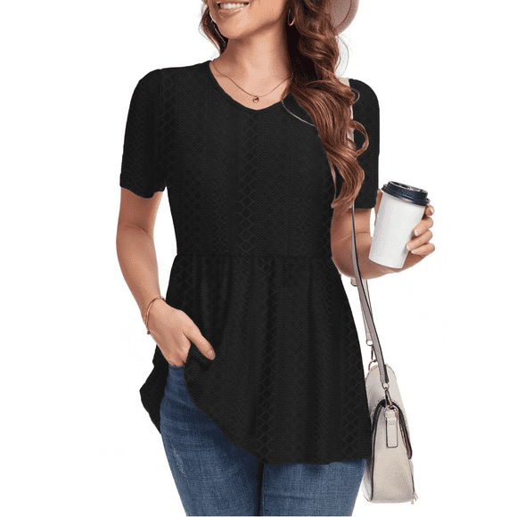 Women Peplum Tops Casual V Neck Short Sleeve Tunic Shirts Summer Babydoll Blouses