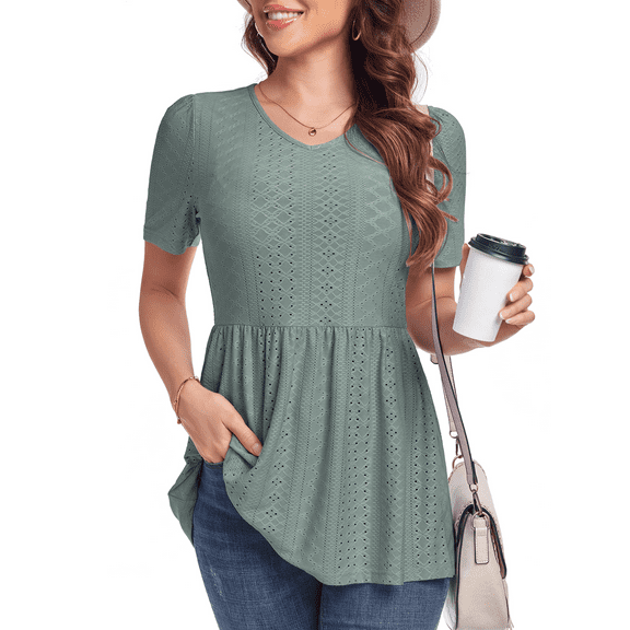 FIUFY Women Peplum Tops Casual V Neck Short Sleeve Tunic Shirts Summer Babydoll Blouses