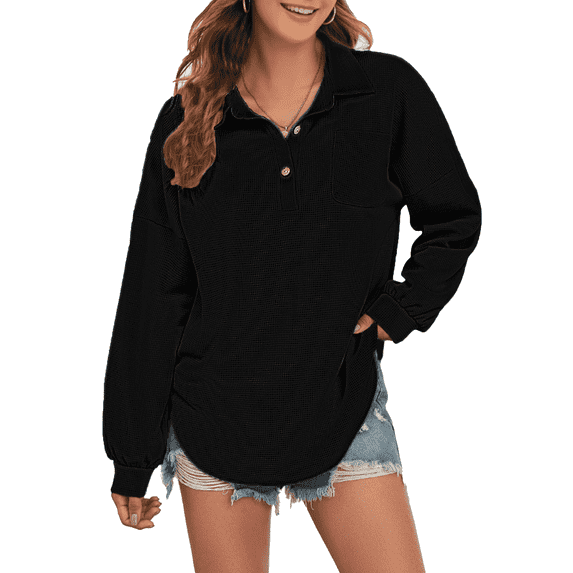 FIUFY Women's Casual Oversized Top Long Sleeve Tops Baggy Button Shirts V Neck Waffle Knit Loose Fit Tunic