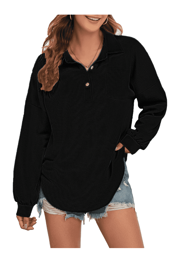 Women's Casual Oversized Top Long Sleeve Tops Baggy Button Shirts V Neck Waffle Knit Loose Fit Tunic