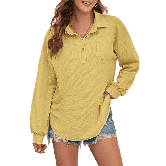 FIUFY Women's Casual Oversized Top Long Sleeve Tops Baggy Button Shirts V Neck Waffle Knit Loose Fit Tunic