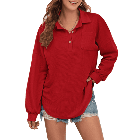 FIUFY Women's Casual Oversized Top Long Sleeve Tops Baggy Button Shirts V Neck Waffle Knit Loose Fit Tunic